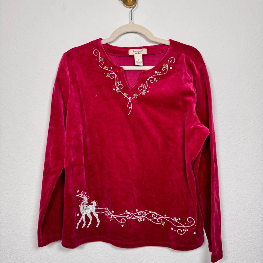 Bechemel Womens Holiday Christmas Velour Top Size L Embroidered Embellished Red